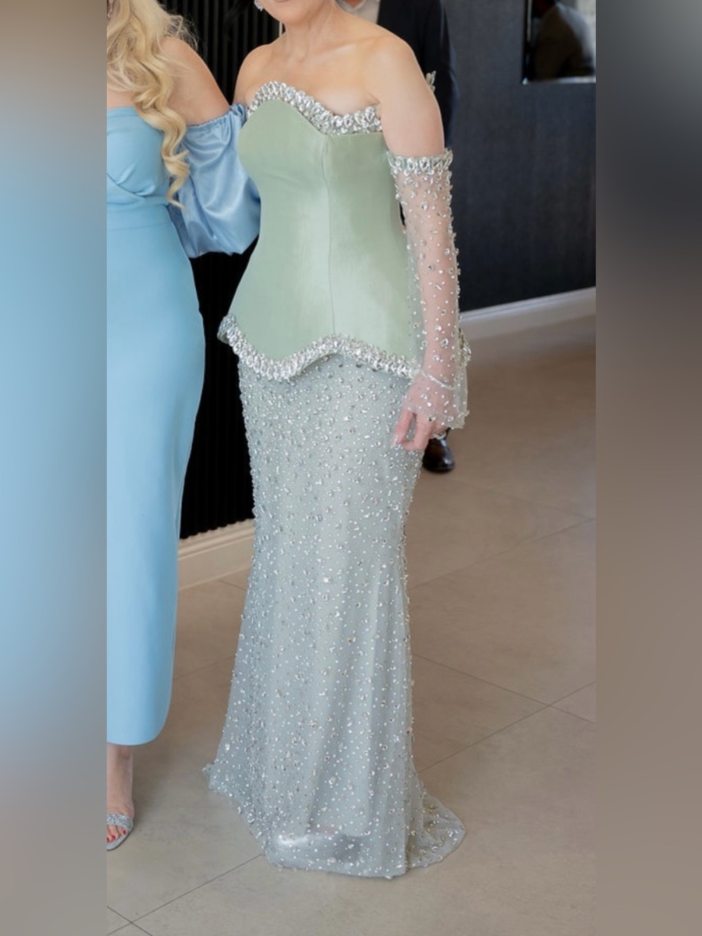 Vlora & Kaltrina Genea dress- Off-Shoulder Beaded Mermaid Dress in Sage Green - Picture 2 of 2